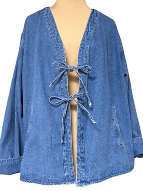Denim Tie Front Jacket Open Front Oversized Blue Minimalist Pockets Casual Asian
